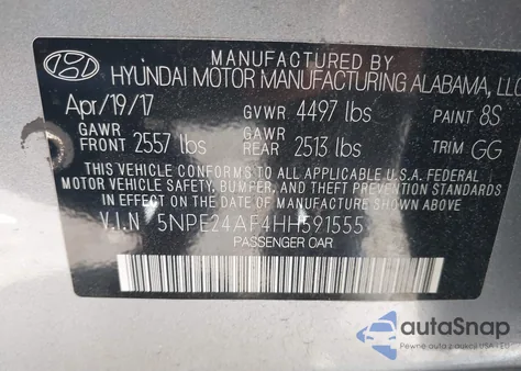 2017 Hyundai Sonata Se из США, поврежденный, VIN 5NPE24AF4HH591555